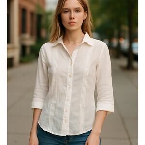 Saint Tropez West 100% Linen Size Med White Tunic Crochet V Neck Boho Chic Beach